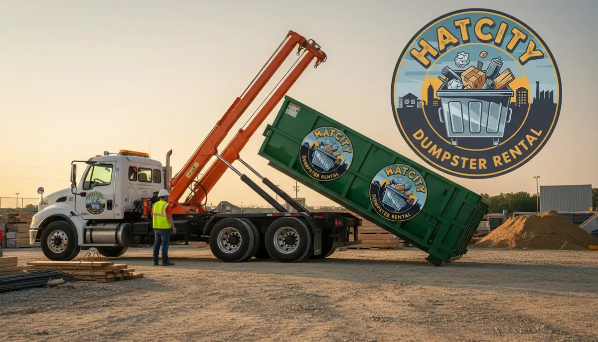 Dumpster rental in Danbury, CT A roll-off truck tipping a green container off at a site at sunset, with a worker in a hi-vis vest standing beside it