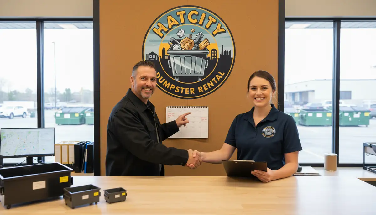 A customer shaking hands with a team member across the front desk of the office