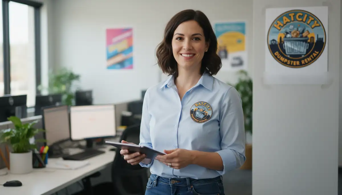 A team member holding a tablet in the office, with the company logo on the wall behind her