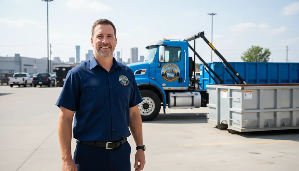A team member in a company shirt beside a roll-off truck and containers