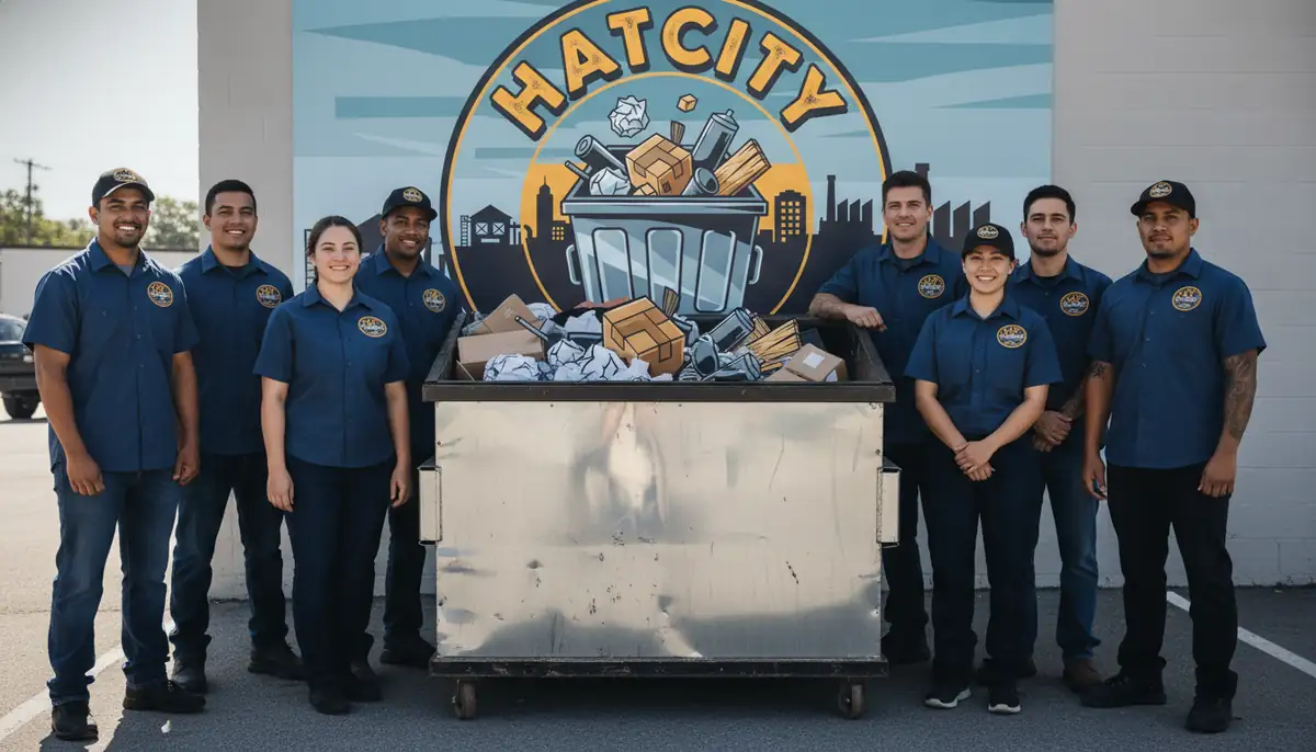 The Hatcity Dumpster Rentals crew lined up beside a loaded container in front of the company sign